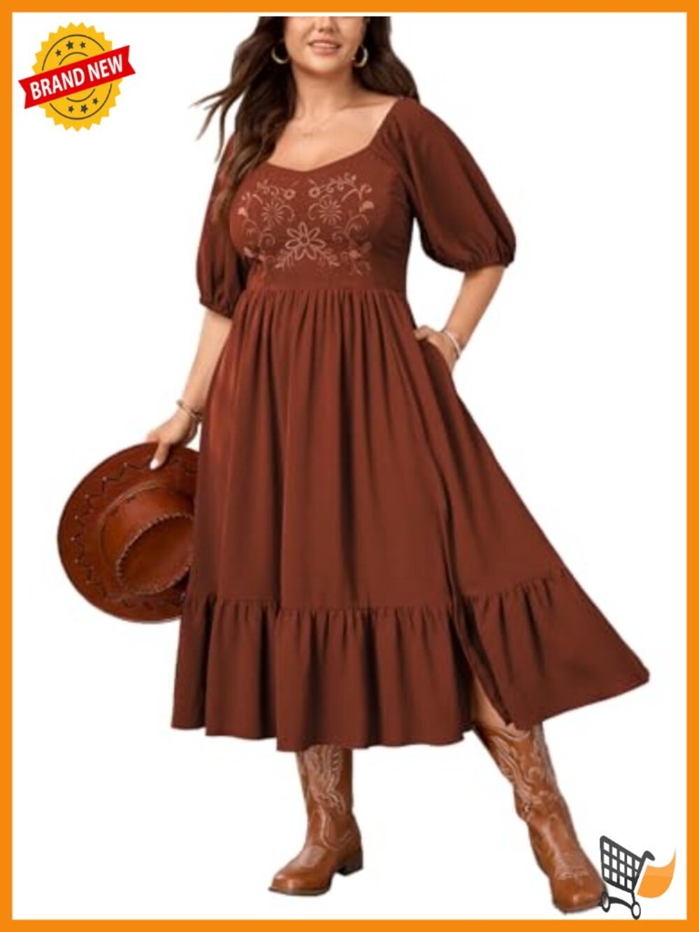 Plus Size Midi Floral Embroidered Smocked Ruffle Split Summer Boho Western Dress